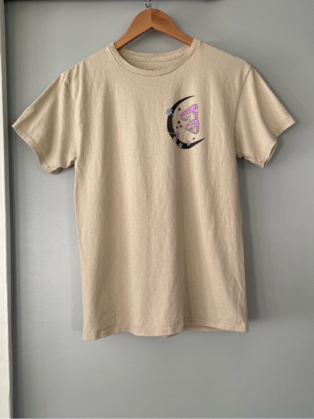 MAD Engine Beige Tee with Black Crescent & Purple Butterfly